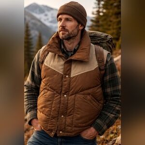 CAMEL Brown and Tan Vintage 70s Men's Northern Goosedown Vest XL